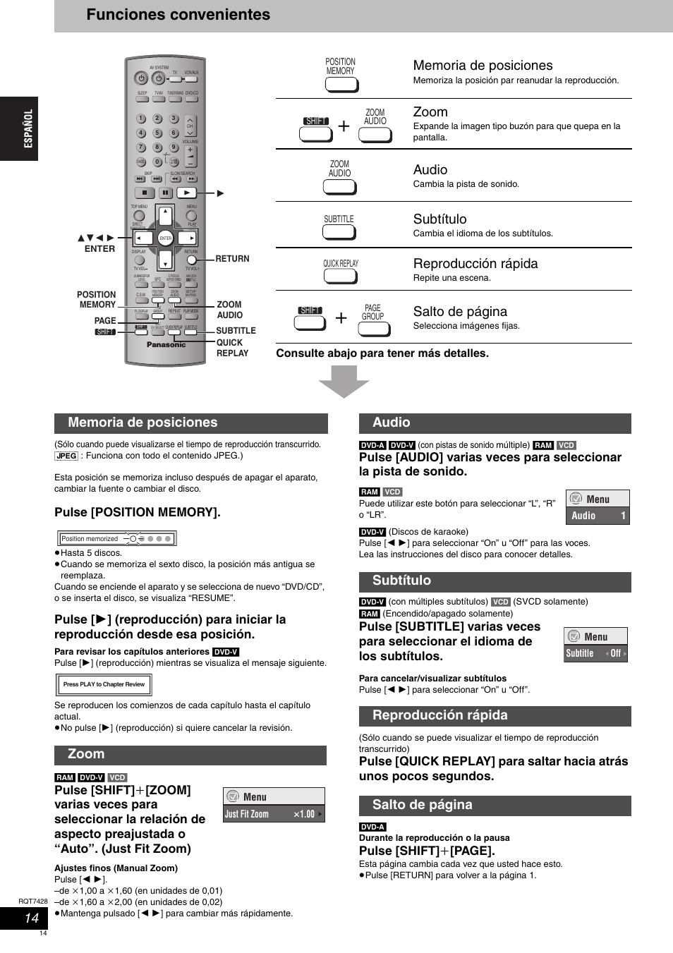 Funciones convenientes, Zoom, Audio | Subtítulo, Reproducción rápida, Salto de página, Pulse [shift] i [page, Consulte abajo para tener más detalles | Panasonic SCHT870 User Manual | Page 14 / 104