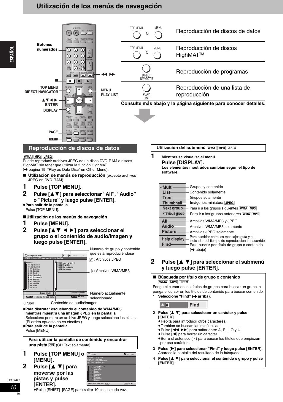 Utilización de los menús de navegación, Reproducción de discos de datos, Pulse [top menu | Pulse [menu, Pulse [top menu] o [menu, Pulse [display, Find | Panasonic SCHT870 User Manual | Page 16 / 104