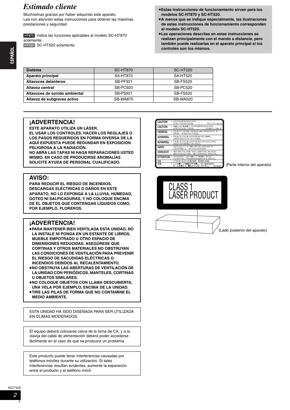 Class 1 laser product, Estimado cliente, Advertencia | Aviso | Panasonic SCHT870 User Manual | Page 2 / 104
