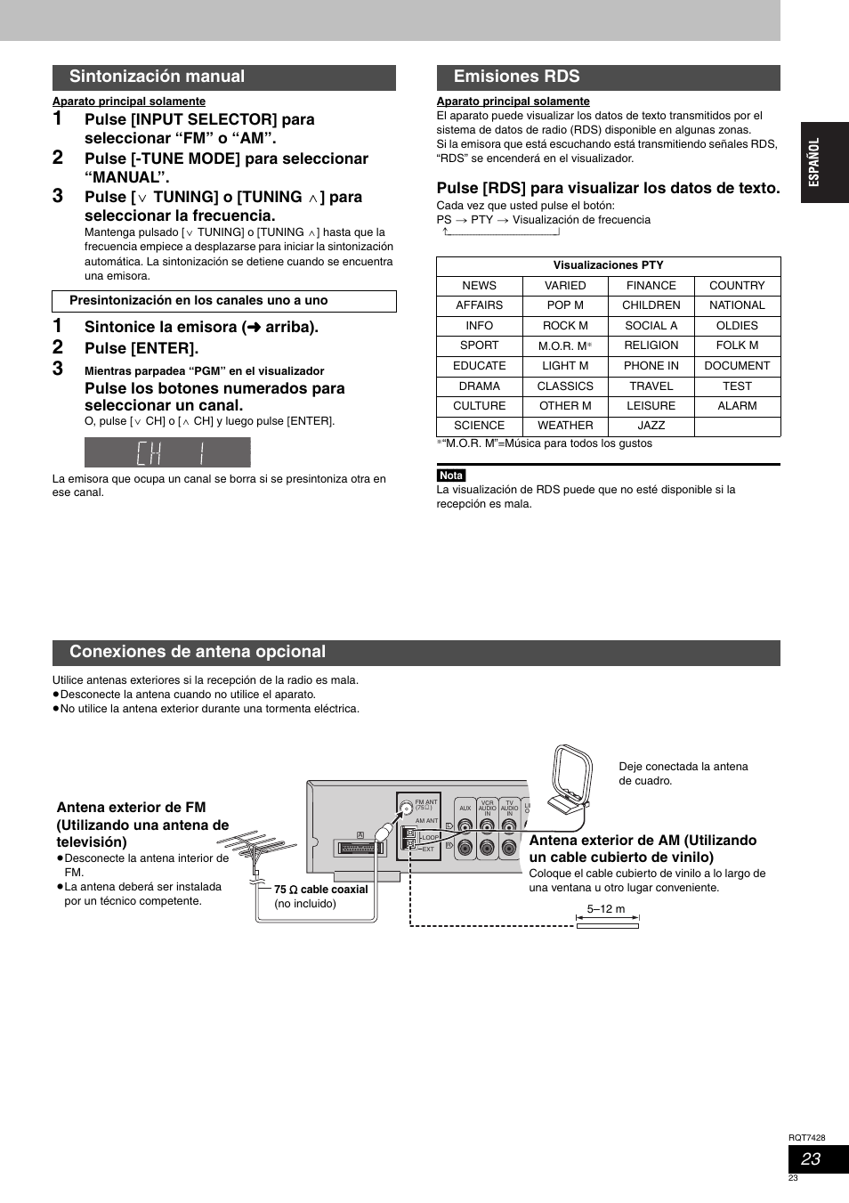 Sintonización manual, Emisiones rds, Conexiones de antena opcional | Pulse [input selector] para seleccionar “fm” o “am, Pulse [-tune mode] para seleccionar “manual, Sintonice la emisora ( ‹ arriba), Pulse [enter, Pulse [rds] para visualizar los datos de texto | Panasonic SCHT870 User Manual | Page 23 / 104