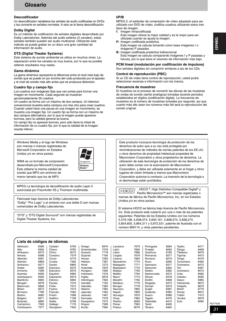 Glosario, Lista de códigos de idiomas | Panasonic SCHT870 User Manual | Page 31 / 104