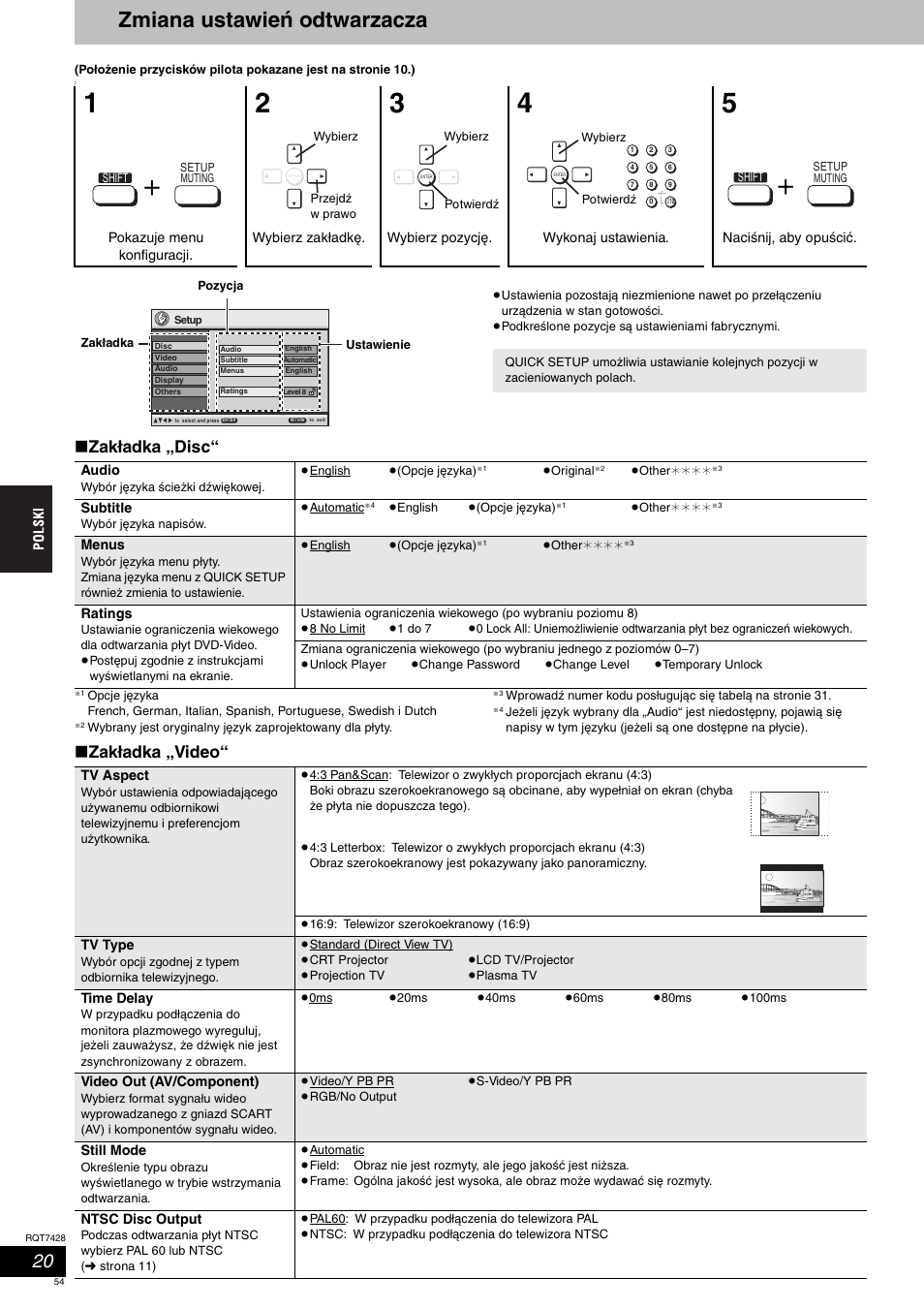 Zmiana ustawień odtwarzacza, Zakładka „disc, Zakładka „video | Panasonic SCHT870 User Manual | Page 54 / 104