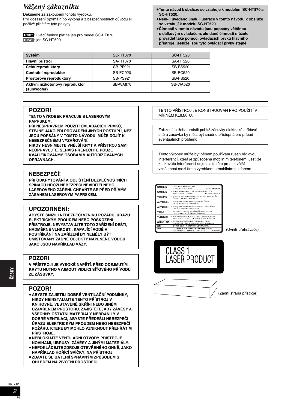 Class 1 laser product, Vážený zákazníku, Pozor | Upozornêní, Nebezpeçí | Panasonic SCHT870 User Manual | Page 70 / 104
