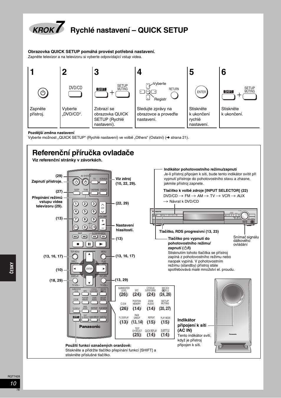 Krok, Rychlé nastavení – quick setup, Referenční příručka ovladače | Dvd/cd | Panasonic SCHT870 User Manual | Page 78 / 104