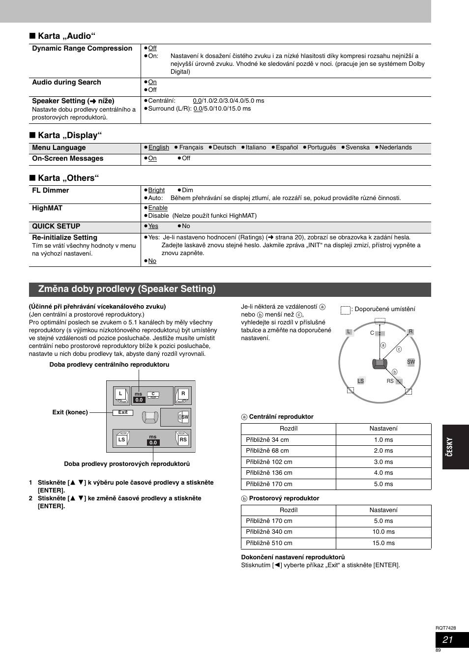 Změna doby prodlevy (speaker setting), Karta „audio“ ∫ karta „display“ ∫ karta „others | Panasonic SCHT870 User Manual | Page 89 / 104