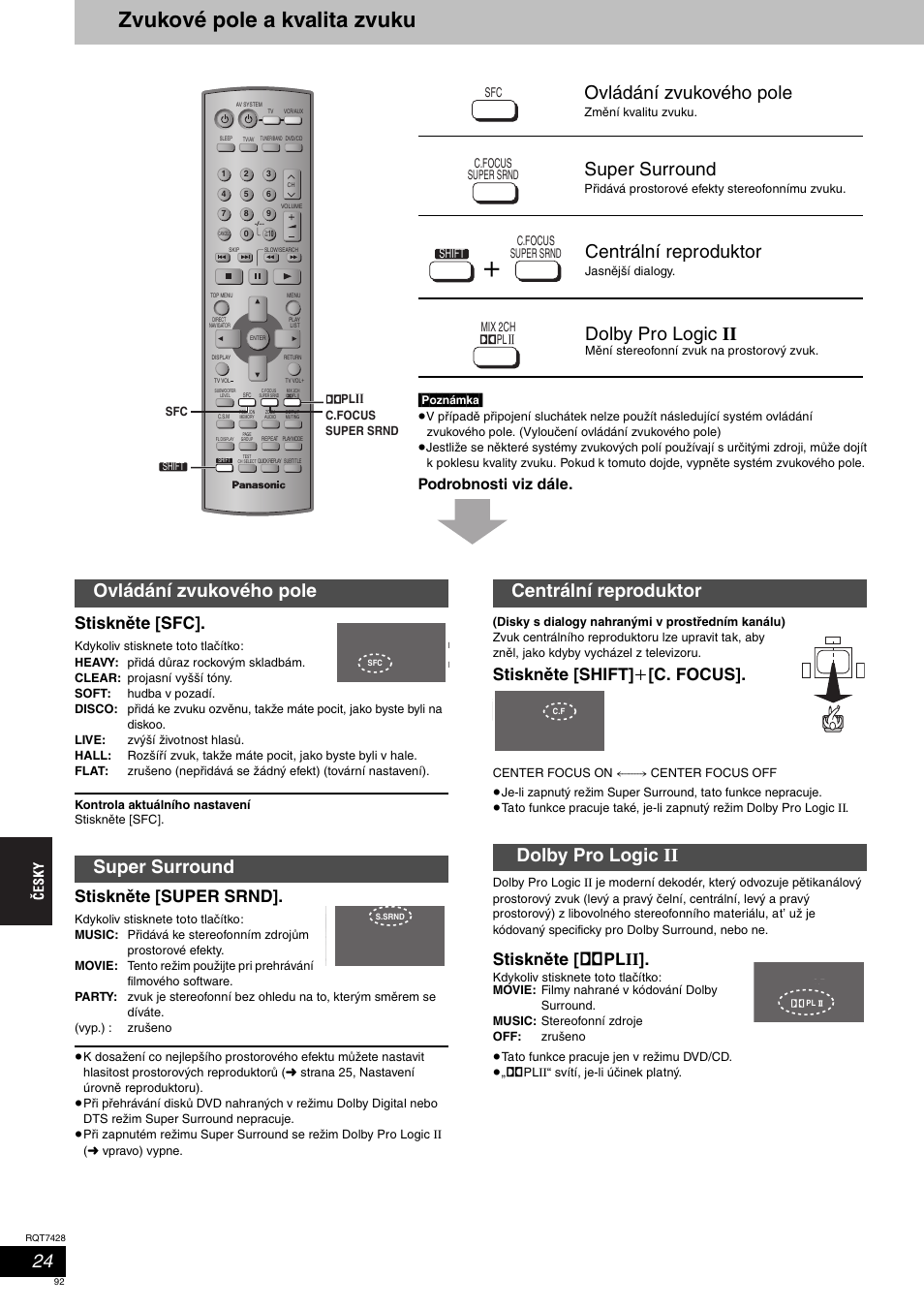 Super surround/cent, Zvukové pole a kvalita zvuku, Ovládání zvukového pole | Super surround, Centrální reproduktor, Dolby pro logic ii, Ovládání zvukového pole super surround, Centrální reproduktor dolby pro logic ii, Stiskněte [sfc, Stiskněte [super srnd | Panasonic SCHT870 User Manual | Page 92 / 104