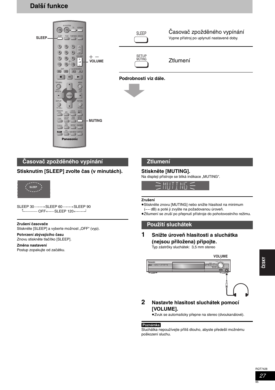 Další funkce, Časovač zpožděného vypínání, Ztlumení | Ztlumení použití sluchátek, Stisknutím [sleep] zvolte čas (v minutách), Stiskněte [muting, Nastavte hlasitost sluchátek pomocí [volume, Sleep, Podrobnosti viz dále, Poznámka | Panasonic SCHT870 User Manual | Page 95 / 104