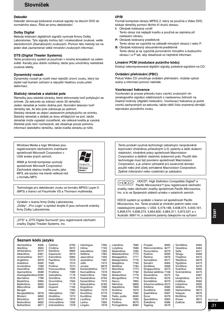 Slovníček, Seznam kódù jazykù | Panasonic SCHT870 User Manual | Page 99 / 104