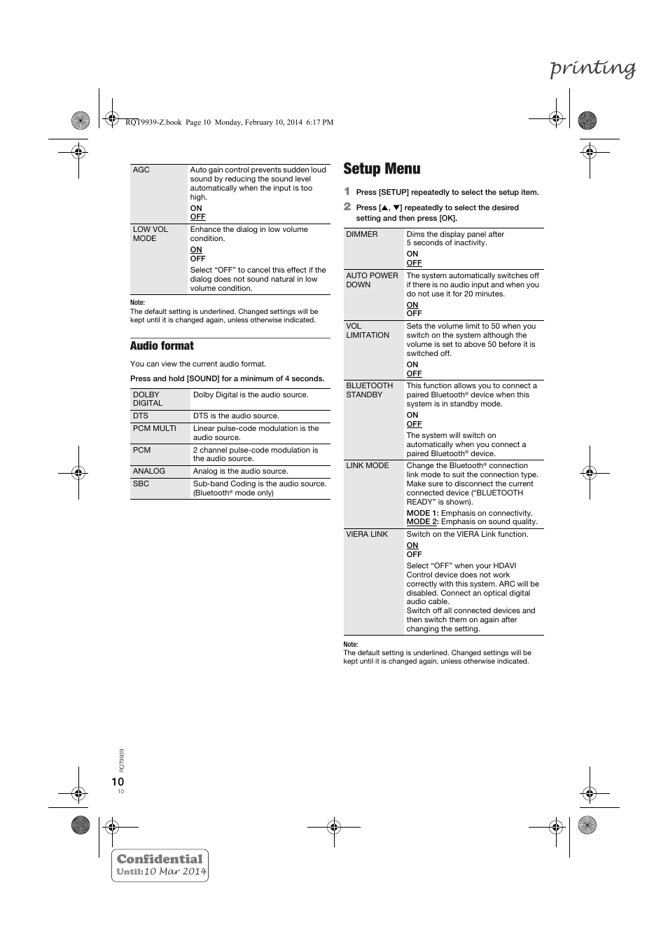 Printing, Setup menu, Confidential | Audio format | Panasonic SCHTE180EG User Manual | Page 10 / 88