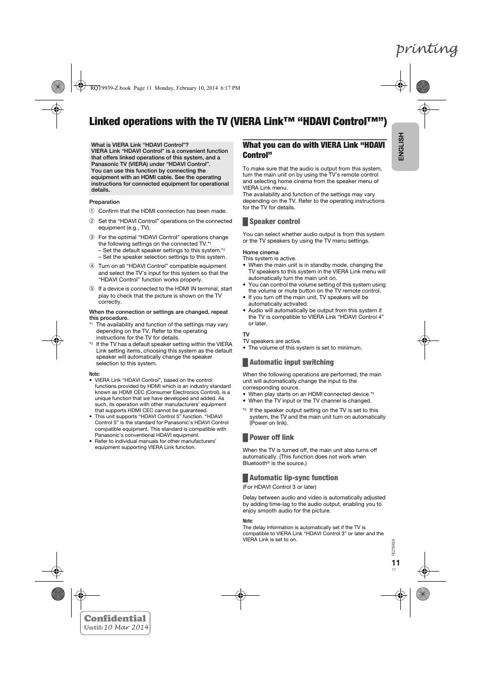 Printing, Confidential, What you can do with viera link “hdavi control | Speaker control, Automatic input switching, Power off link, Automatic lip-sync function | Panasonic SCHTE180EG User Manual | Page 11 / 88
