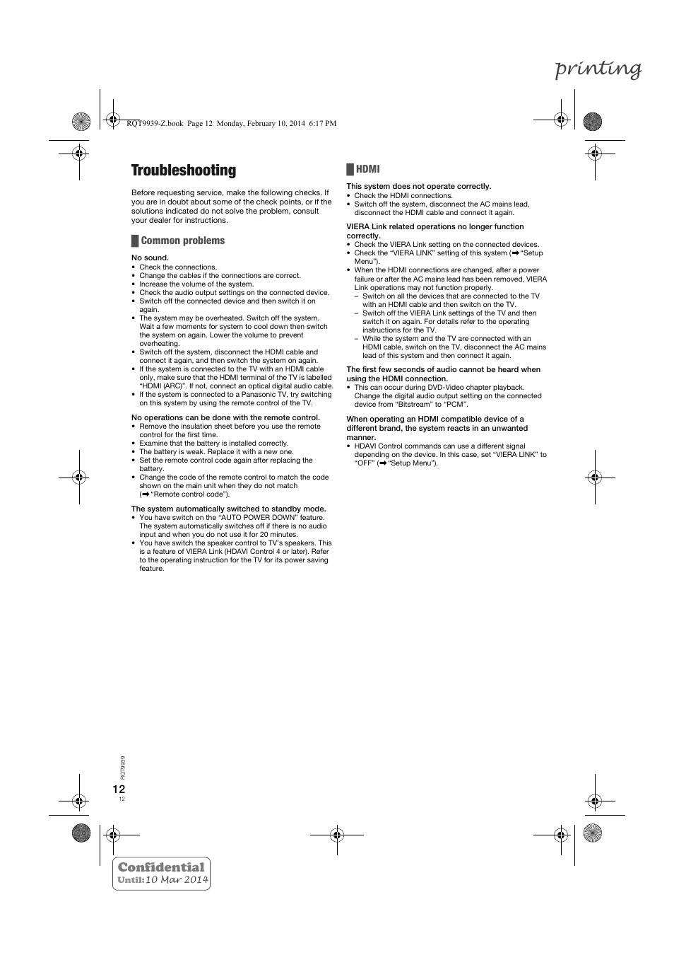 Printing, Troubleshooting, Confidential | Common problems, Hdmi | Panasonic SCHTE180EG User Manual | Page 12 / 88