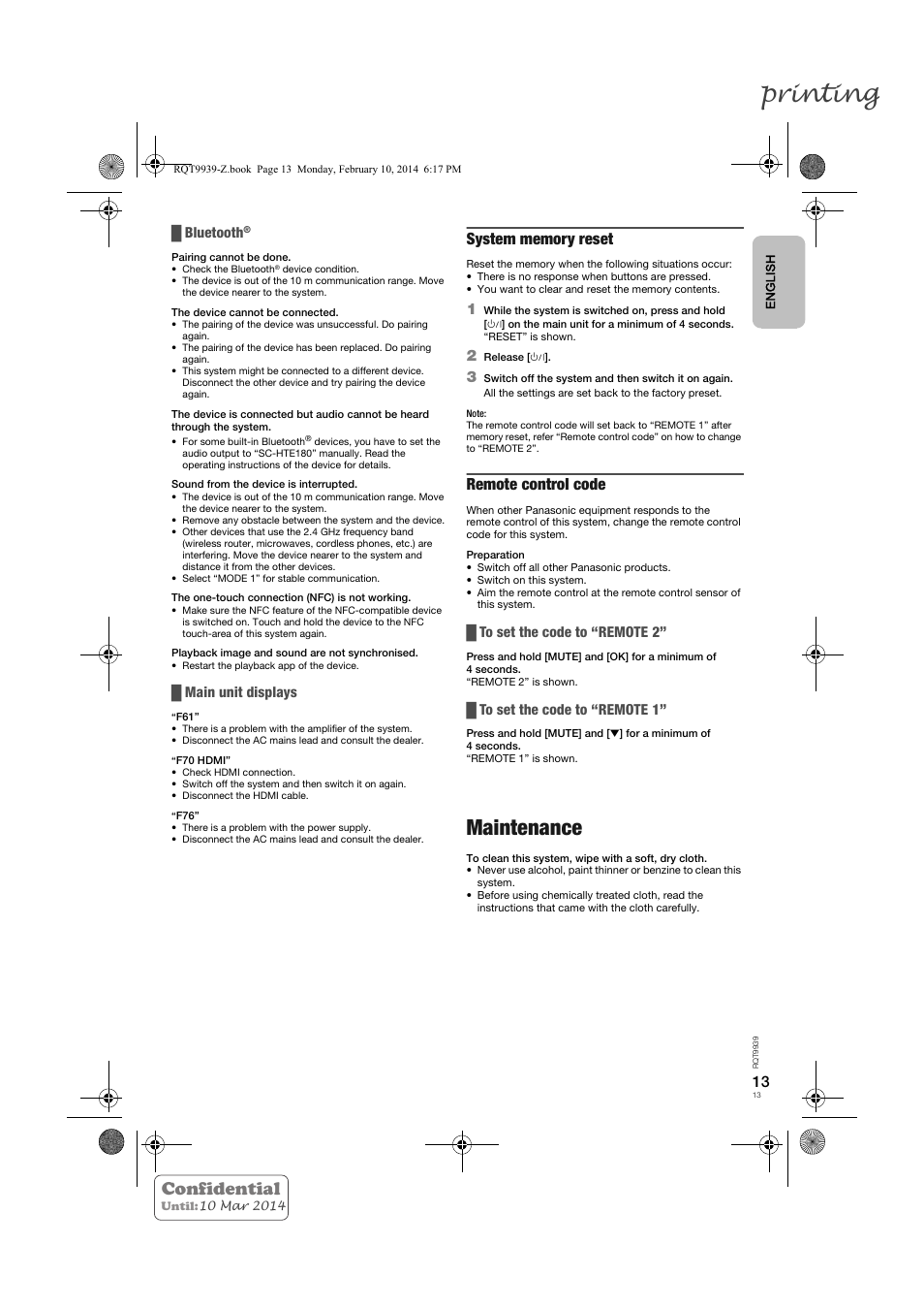 Printing, Maintenance, Confidential | Remote control code, Bluetooth, Main unit displays | Panasonic SCHTE180EG User Manual | Page 13 / 88