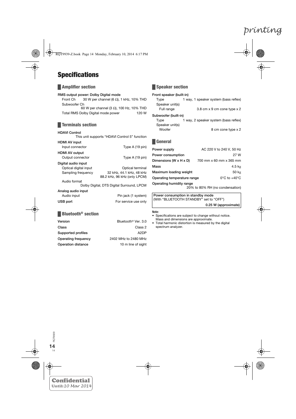 Printing, Specifications, Confidential | Bluetooth, General | Panasonic SCHTE180EG User Manual | Page 14 / 88
