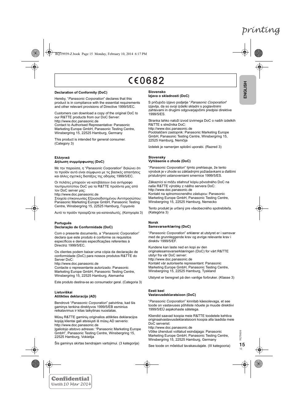 Printing, Confidential | Panasonic SCHTE180EG User Manual | Page 15 / 88