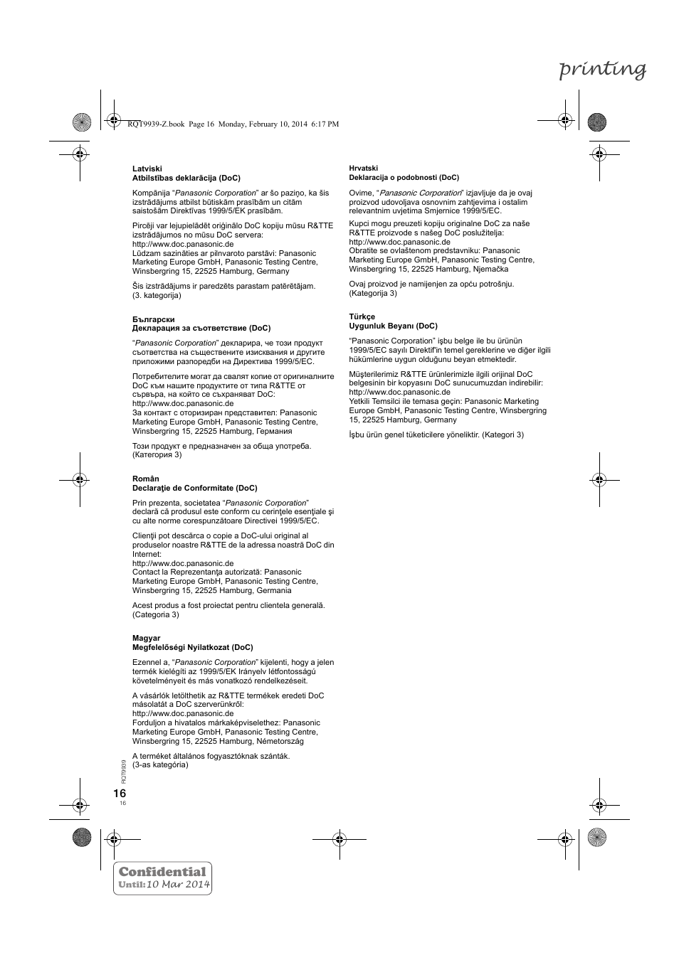 Printing, Confidential | Panasonic SCHTE180EG User Manual | Page 16 / 88