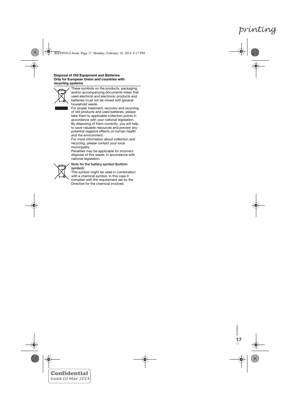 Printing, Confidential | Panasonic SCHTE180EG User Manual | Page 17 / 88
