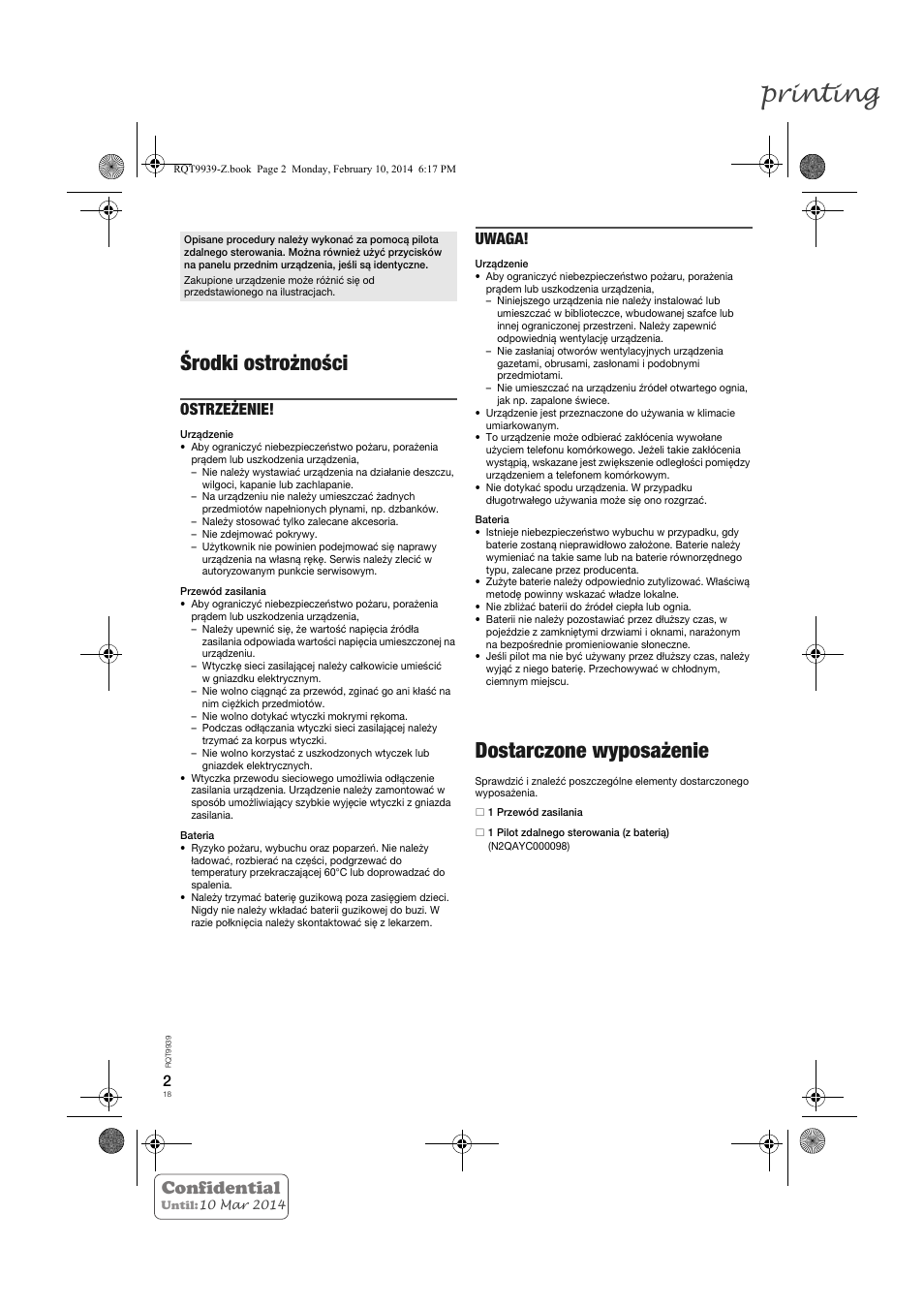 Printing, Środki ostrożności, Dostarczone wyposażenie | Confidential, Ostrzeżenie, Uwaga | Panasonic SCHTE180EG User Manual | Page 18 / 88