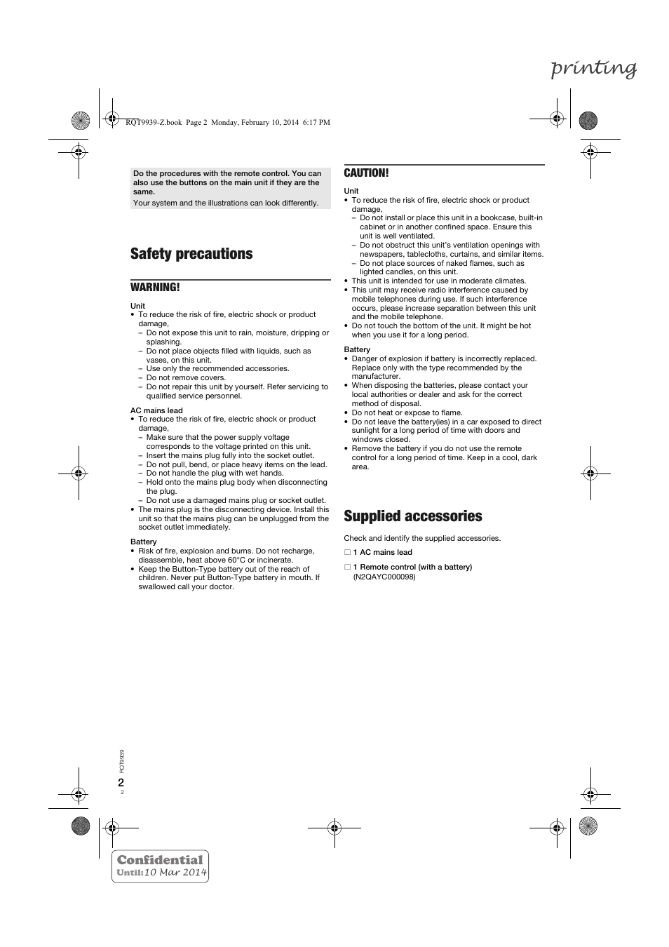 Printing, Safety precautions, Supplied accessories | Confidential, Warning, Caution | Panasonic SCHTE180EG User Manual | Page 2 / 88