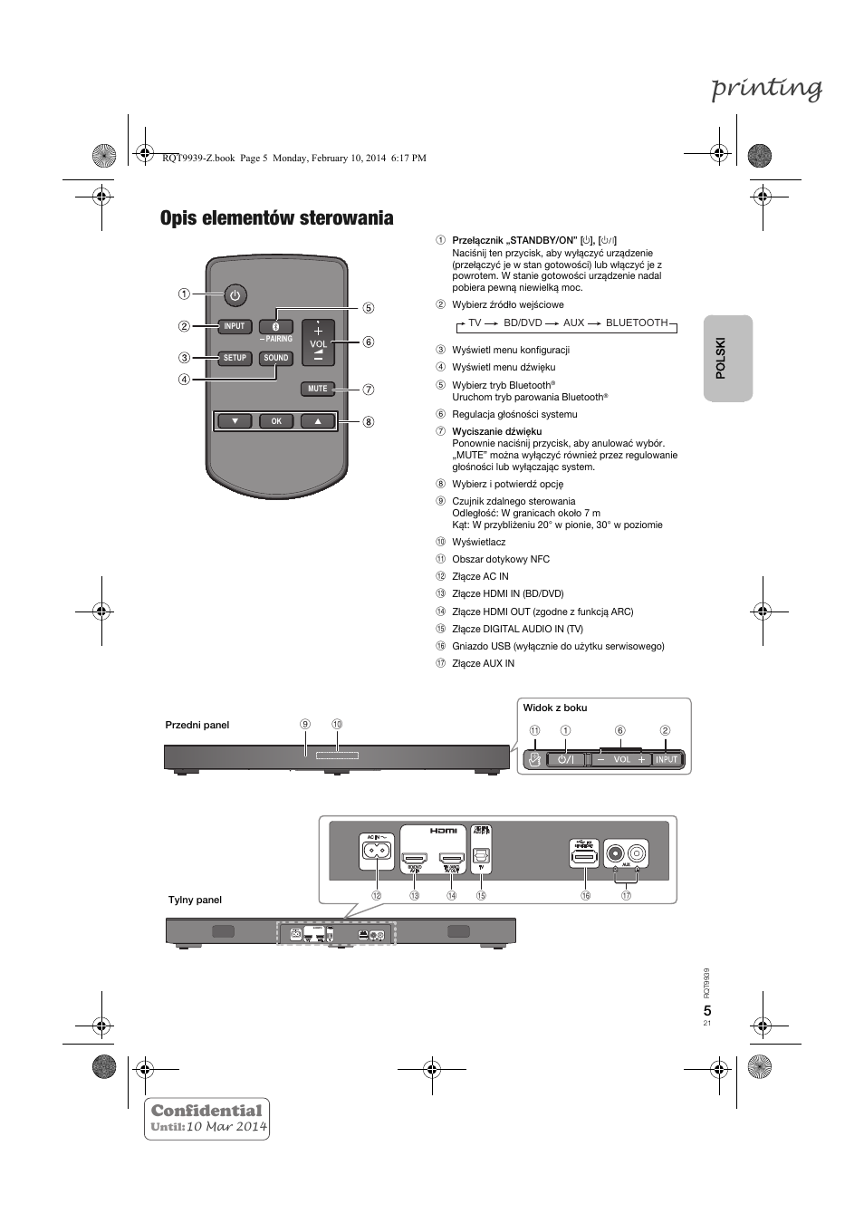 Printing, Opis elementów sterowania, Confidential | Panasonic SCHTE180EG User Manual | Page 21 / 88