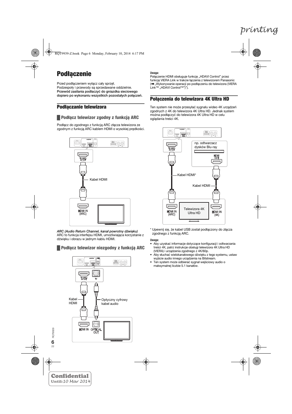 Printing, Podłączenie, Confidential | Podłączanie telewizora, Połączenia do telewizora 4k ultra hd, Podłącz telewizor zgodny z funkcją arc, Podłącz telewizor niezgodny z funkcją arc | Panasonic SCHTE180EG User Manual | Page 22 / 88
