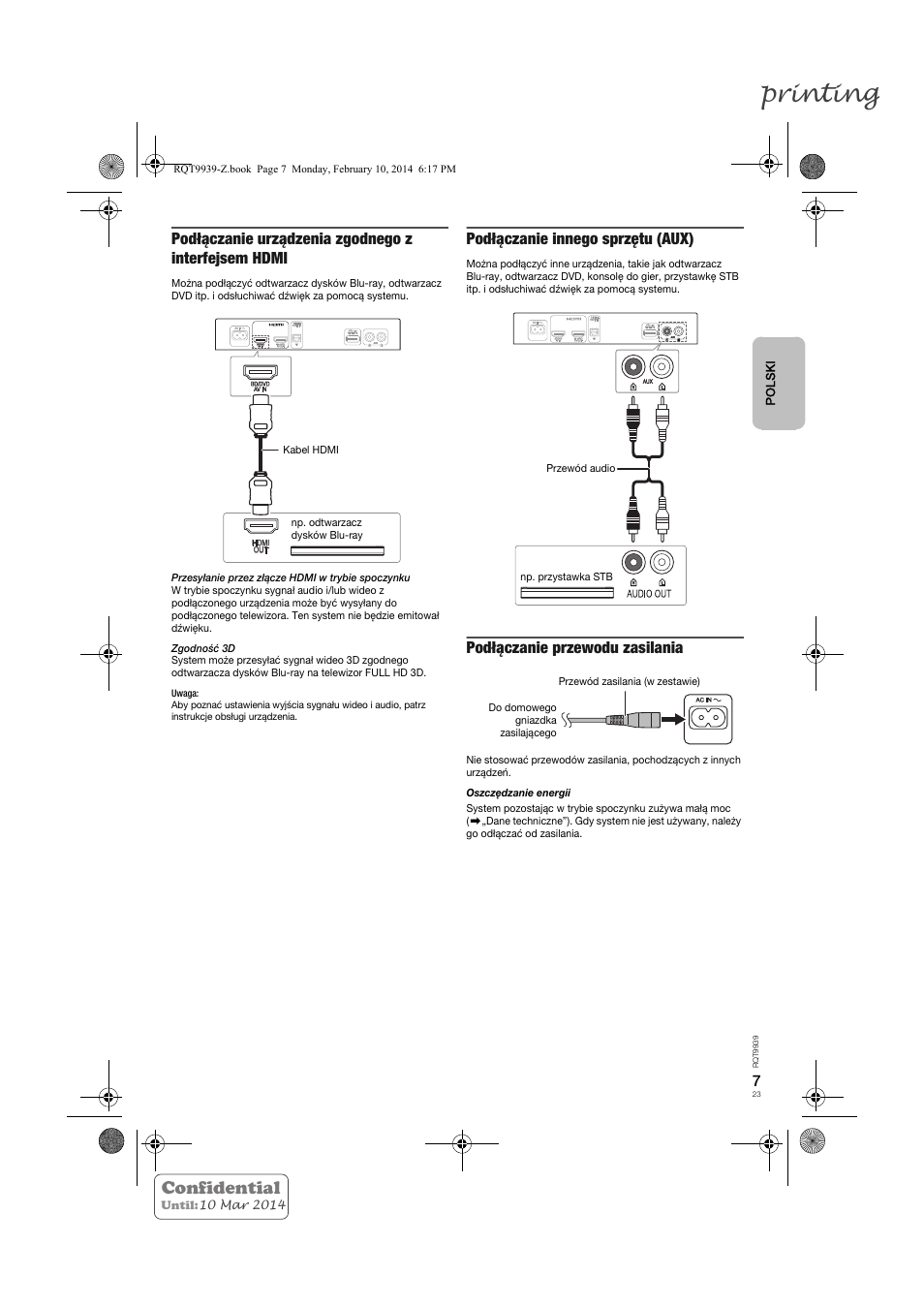 Printing, Confidential, Podłączanie urządzenia zgodnego z interfejsem hdmi | Podłączanie innego sprzętu (aux), Podłączanie przewodu zasilania | Panasonic SCHTE180EG User Manual | Page 23 / 88