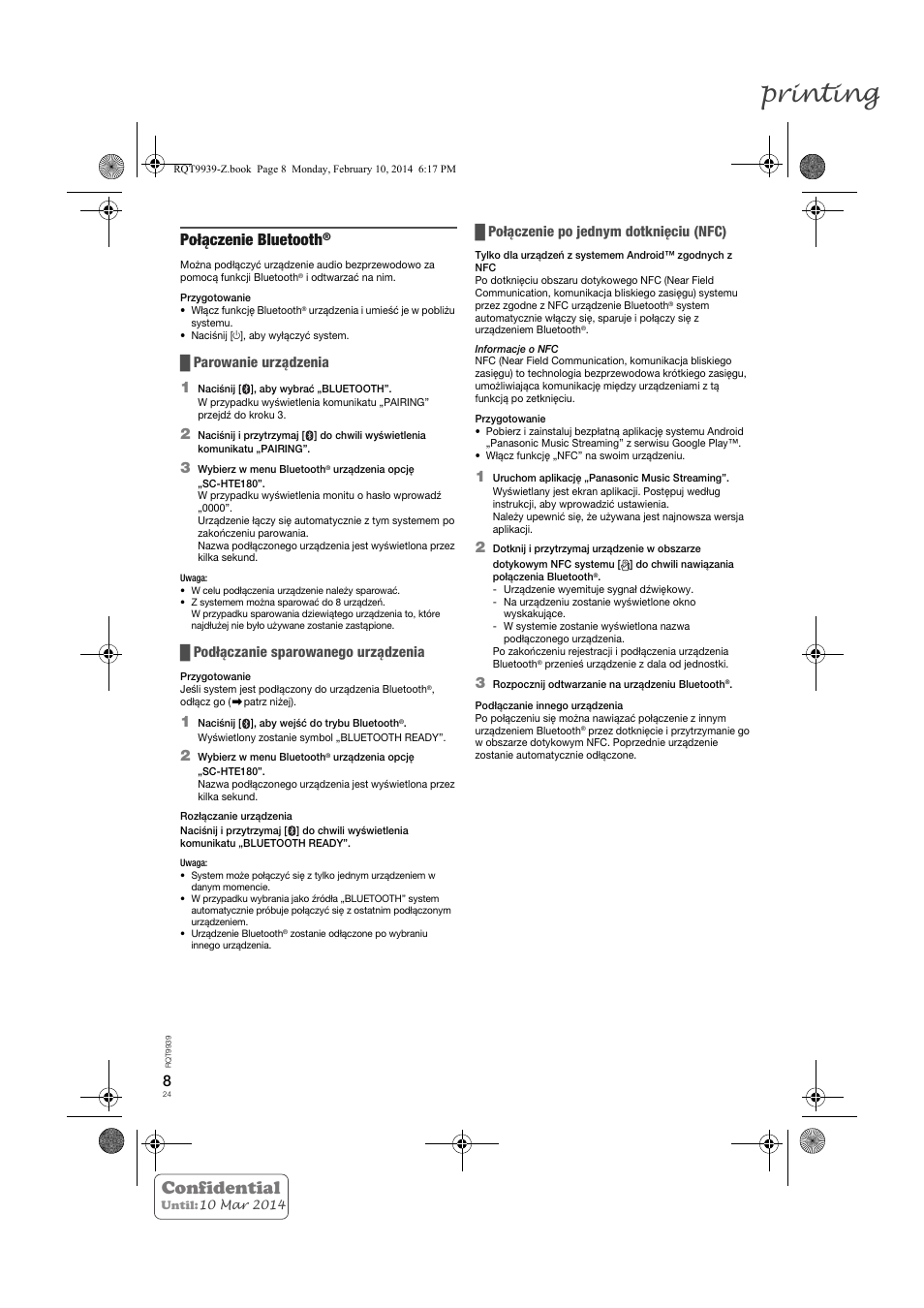 Printing, Confidential, Połączenie bluetooth | Parowanie urządzenia 1, Podłączanie sparowanego urządzenia, Połączenie po jednym dotknięciu (nfc) | Panasonic SCHTE180EG User Manual | Page 24 / 88