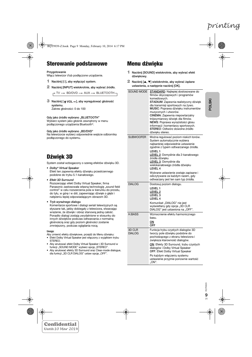Printing, Sterowanie podstawowe, Dźwięk 3d | Menu dźwięku, Confidential | Panasonic SCHTE180EG User Manual | Page 25 / 88