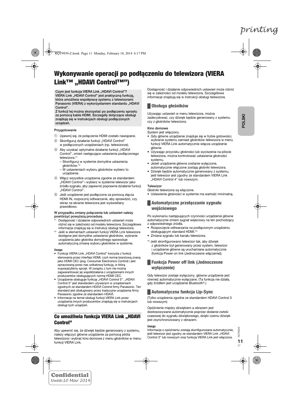 Printing, Confidential, Co umożliwia funkcja viera link „hdavi control | Obsługa głośników, Automatyczne przełączanie sygnału wejściowego, Funkcja power off link (jednoczesne wyłączenie), Automatyczna funkcja lip-sync | Panasonic SCHTE180EG User Manual | Page 27 / 88