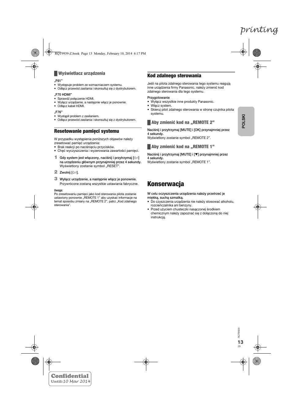Printing, Konserwacja, Confidential | Resetowanie pamięci systemu, Kod zdalnego sterowania | Panasonic SCHTE180EG User Manual | Page 29 / 88