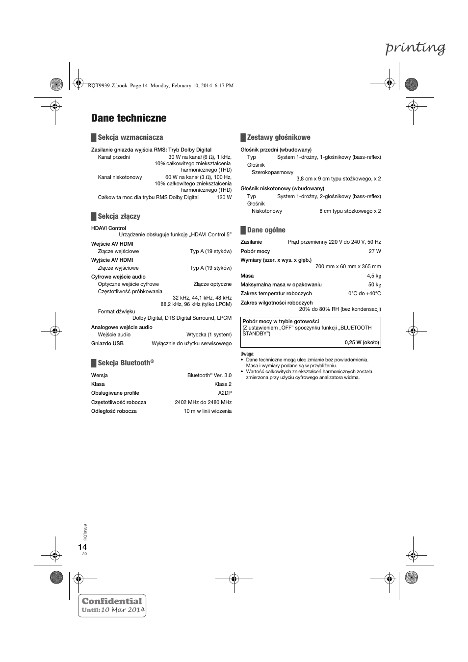 Printing, Dane techniczne, Confidential | Sekcja wzmacniacza, Sekcja złączy, Sekcja bluetooth, Zestawy głośnikowe, Dane ogólne | Panasonic SCHTE180EG User Manual | Page 30 / 88