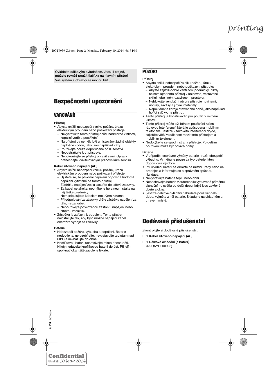 Printing, Bezpečnostní upozornění, Dodávané příslušenství | Confidential, Varování, Pozor | Panasonic SCHTE180EG User Manual | Page 32 / 88