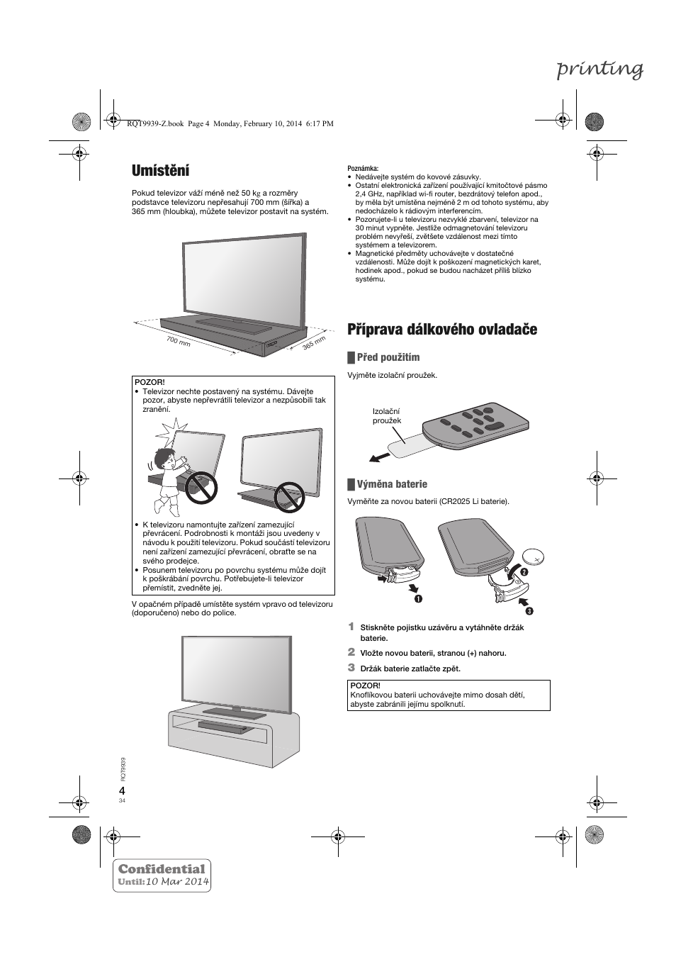 Printing, Umístění, Příprava dálkového ovladače | Confidential | Panasonic SCHTE180EG User Manual | Page 34 / 88