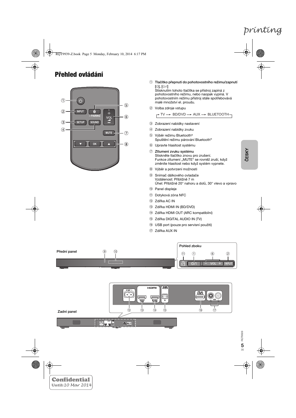 Printing, Přehled ovládání, Confidential | Panasonic SCHTE180EG User Manual | Page 35 / 88