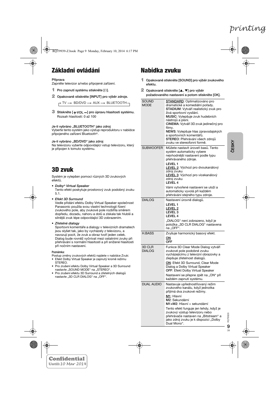 Printing, Základní ovládání, 3d zvuk | Nabídka zvuku, Confidential | Panasonic SCHTE180EG User Manual | Page 39 / 88