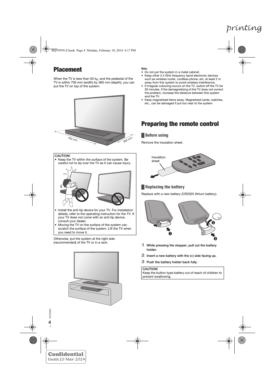 Printing, Placement, Preparing the remote control | Confidential | Panasonic SCHTE180EG User Manual | Page 4 / 88