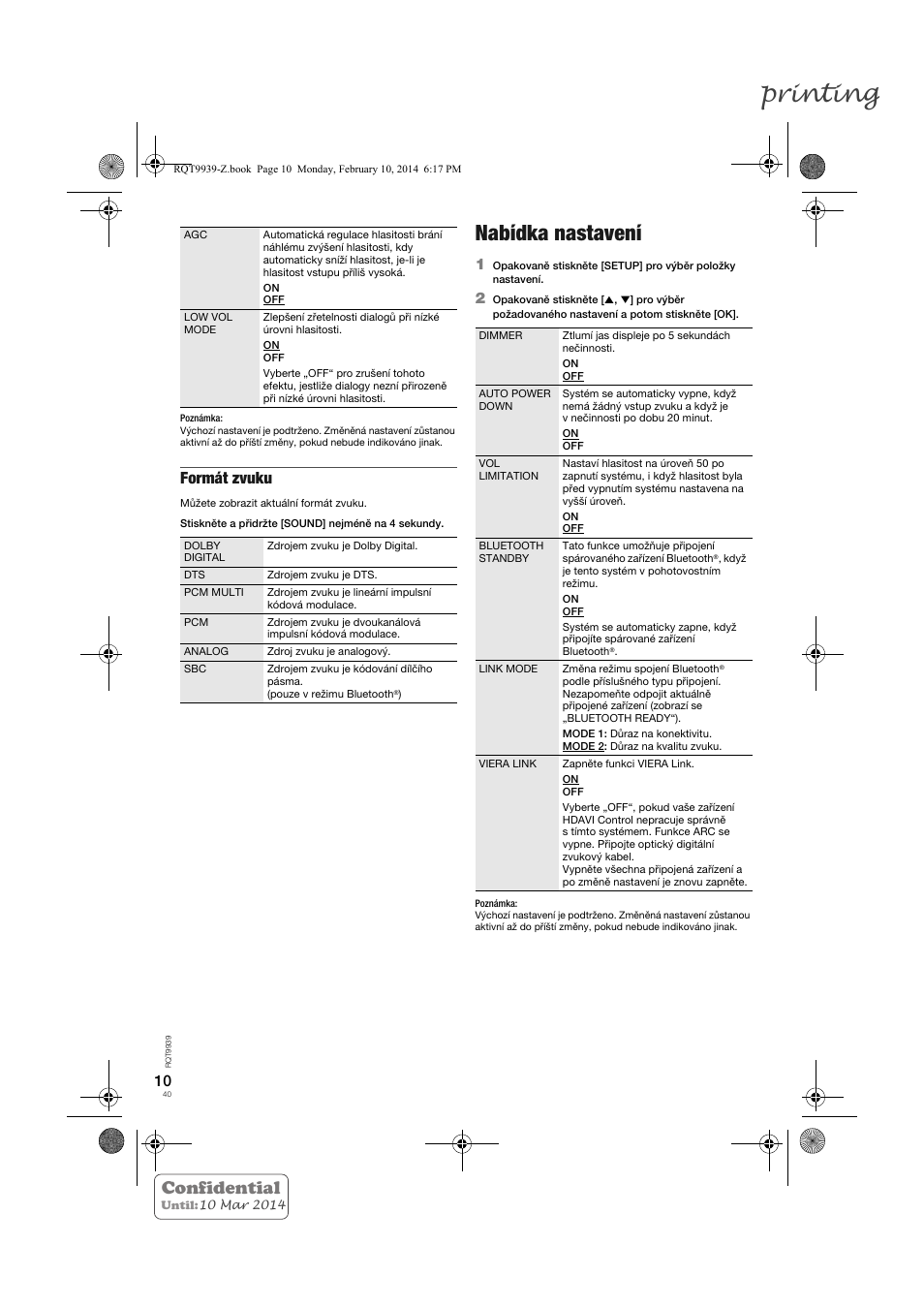 Printing, Nabídka nastavení, Confidential | Formát zvuku | Panasonic SCHTE180EG User Manual | Page 40 / 88