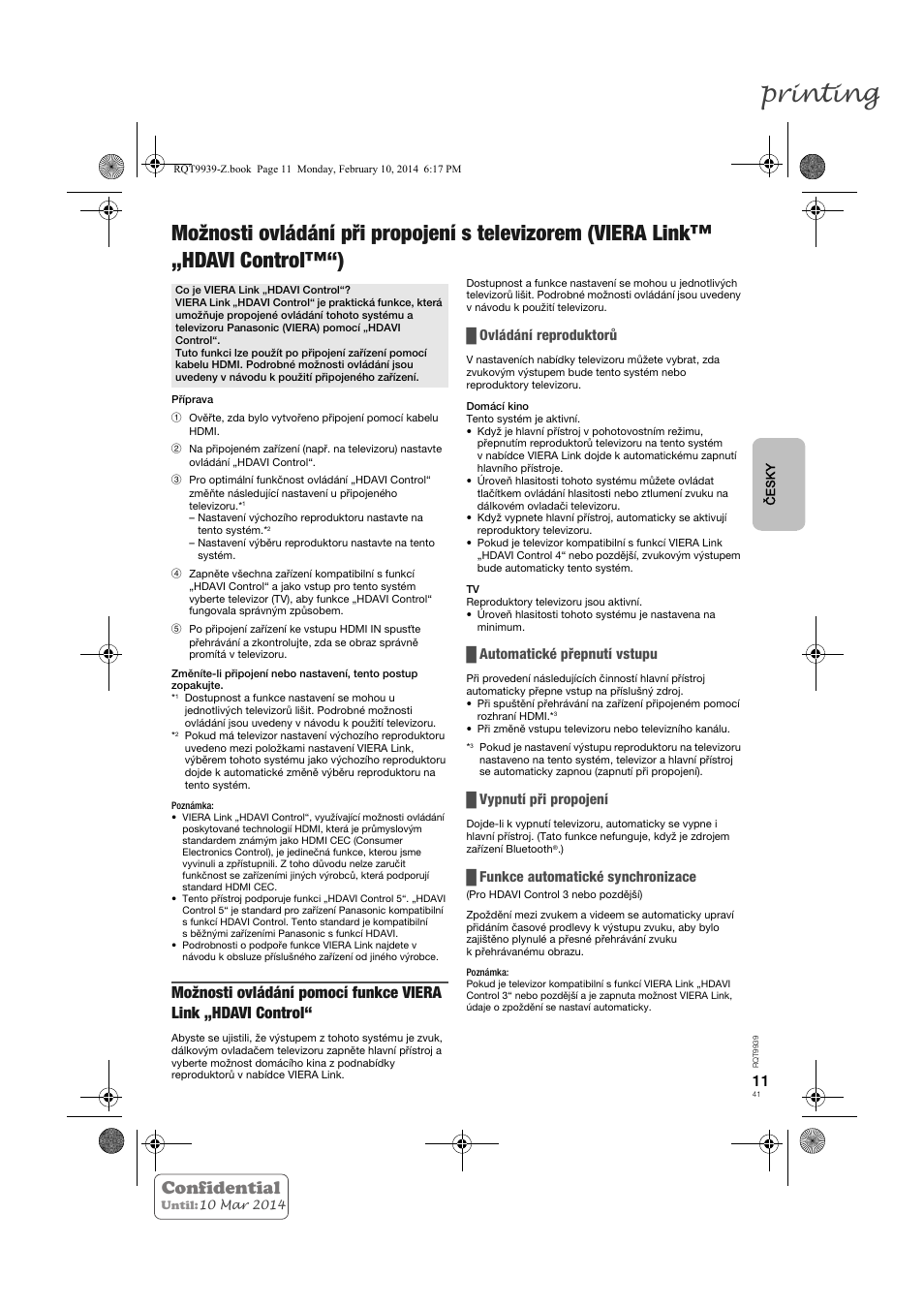 Printing, Confidential, Ovládání reproduktorů | Automatické přepnutí vstupu, Vypnutí při propojení, Funkce automatické synchronizace | Panasonic SCHTE180EG User Manual | Page 41 / 88