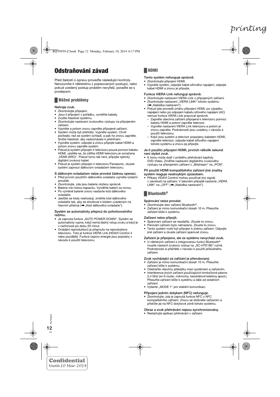 Printing, Odstraňování závad, Confidential | Běžné problémy, Hdmi, Bluetooth | Panasonic SCHTE180EG User Manual | Page 42 / 88