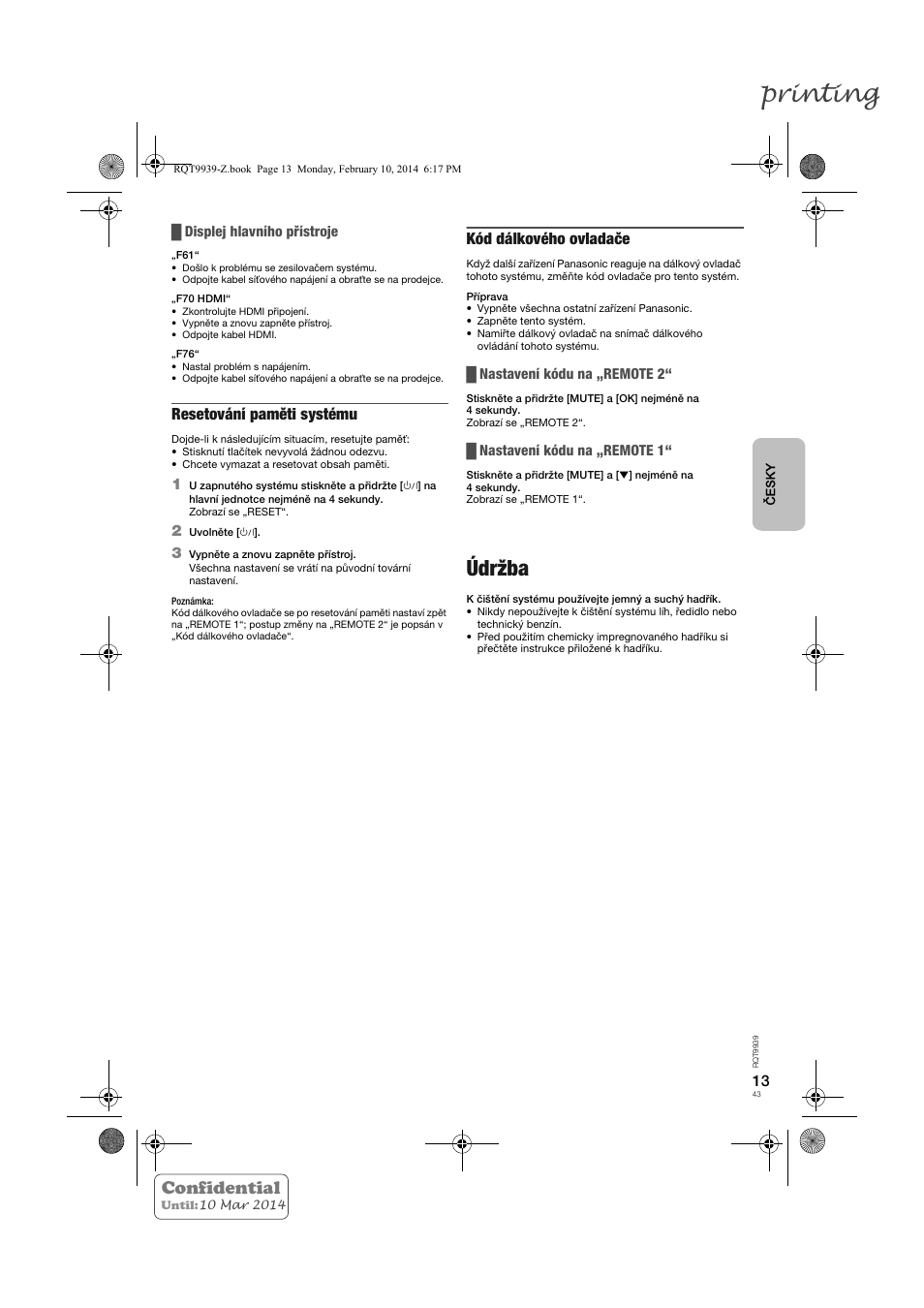 Printing, Údržba, Confidential | Resetování paměti systému, Kód dálkového ovladače | Panasonic SCHTE180EG User Manual | Page 43 / 88