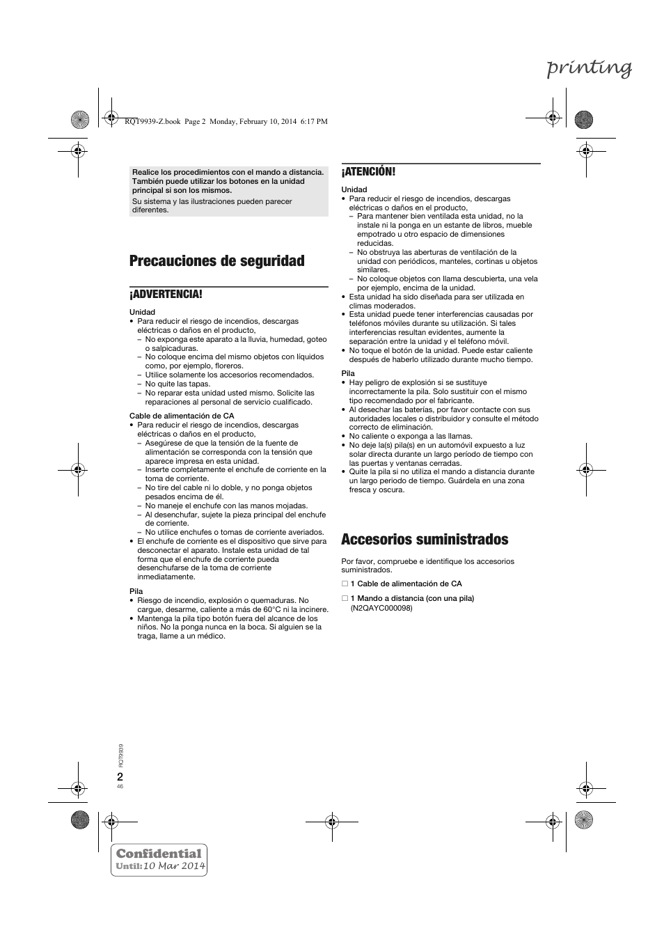 Printing, Precauciones de seguridad, Accesorios suministrados | Confidential, Advertencia, Atención | Panasonic SCHTE180EG User Manual | Page 46 / 88
