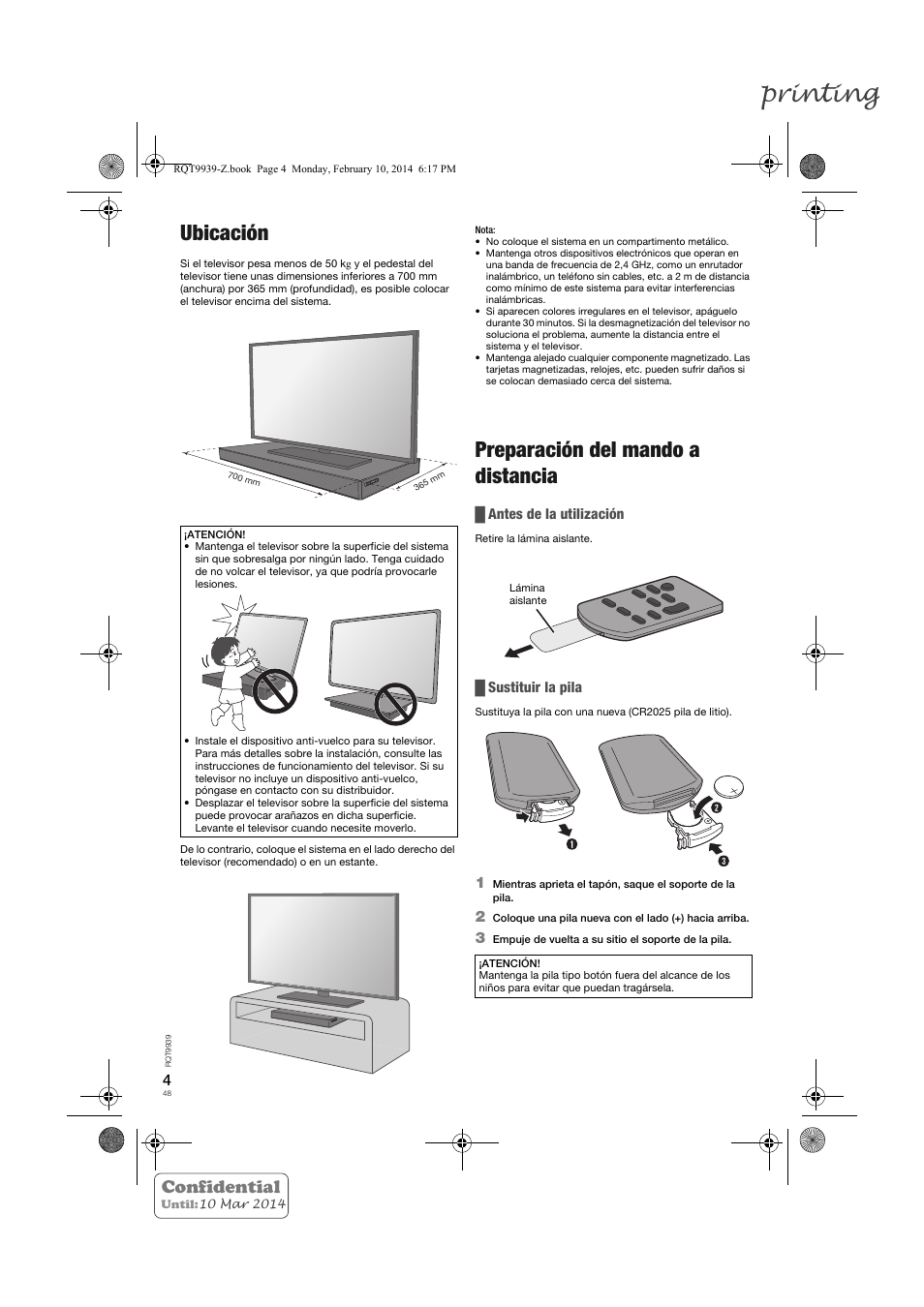 Printing, Ubicación, Preparación del mando a distancia | Confidential | Panasonic SCHTE180EG User Manual | Page 48 / 88