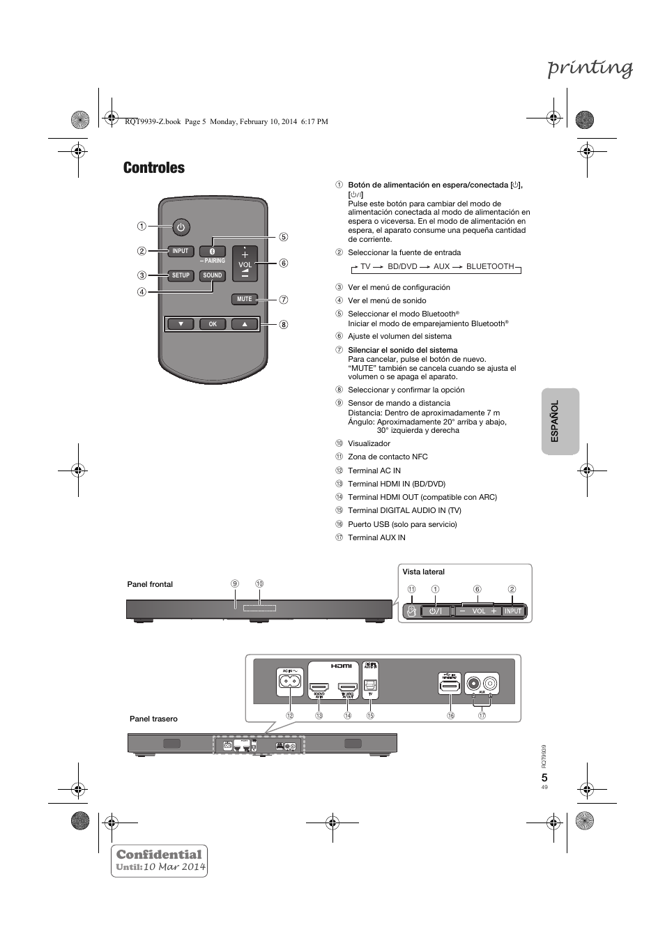 Printing, Controles, Confidential | Panasonic SCHTE180EG User Manual | Page 49 / 88