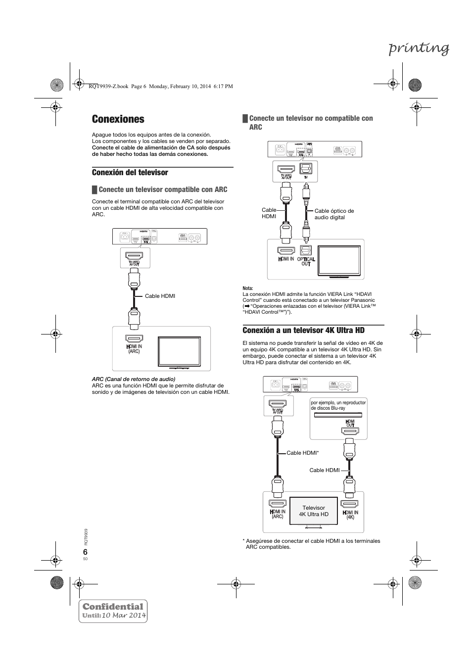 Printing, Conexiones, Confidential | Conexión del televisor, Conexión a un televisor 4k ultra hd | Panasonic SCHTE180EG User Manual | Page 50 / 88