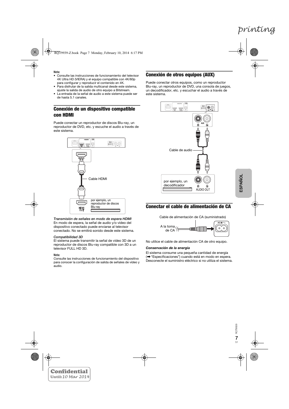Printing, Confidential, Conexión de un dispositivo compatible con hdmi | Conexión de otros equipos (aux), Conectar el cable de alimentación de ca | Panasonic SCHTE180EG User Manual | Page 51 / 88