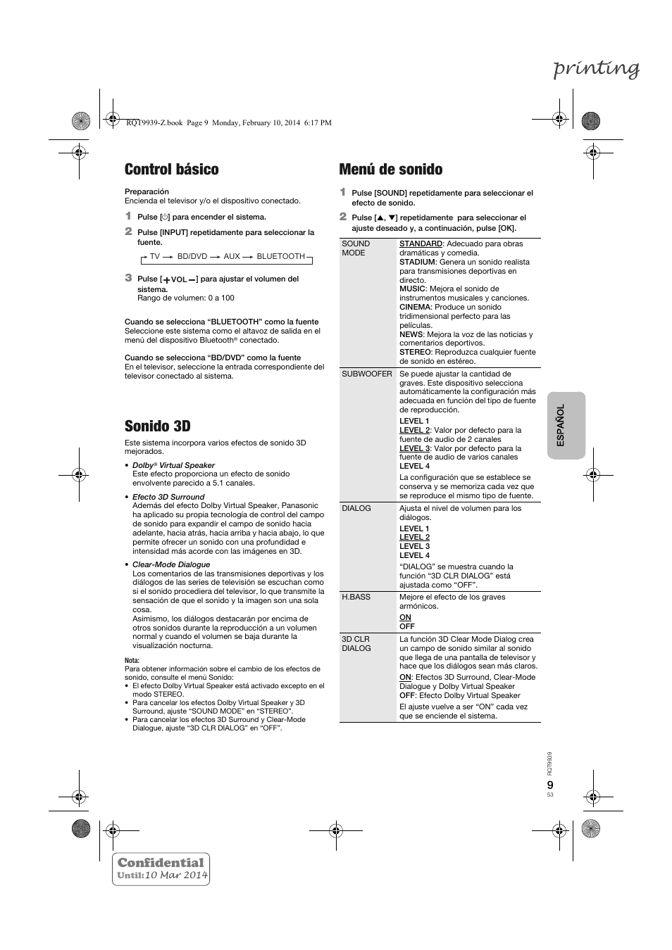 Printing, Control básico, Sonido 3d | Menú de sonido, Confidential | Panasonic SCHTE180EG User Manual | Page 53 / 88