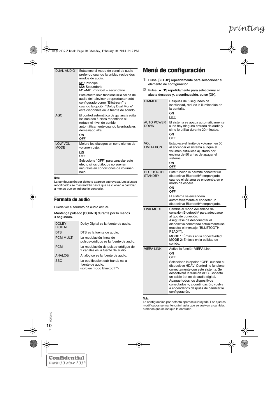 Printing, Menú de configuración, Confidential | Formato de audio | Panasonic SCHTE180EG User Manual | Page 54 / 88