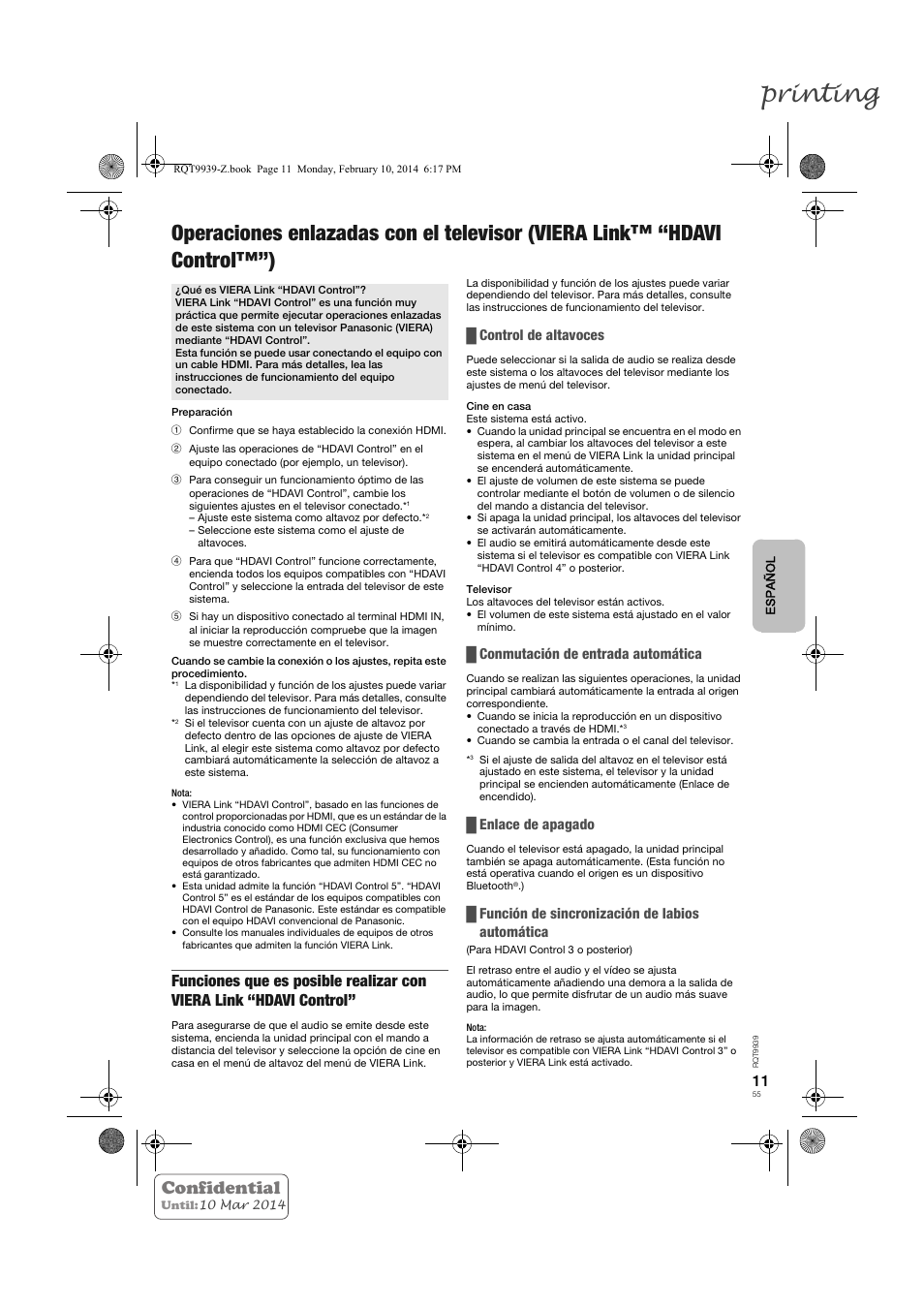 Printing, Confidential, Control de altavoces | Conmutación de entrada automática, Enlace de apagado, Función de sincronización de labios automática | Panasonic SCHTE180EG User Manual | Page 55 / 88