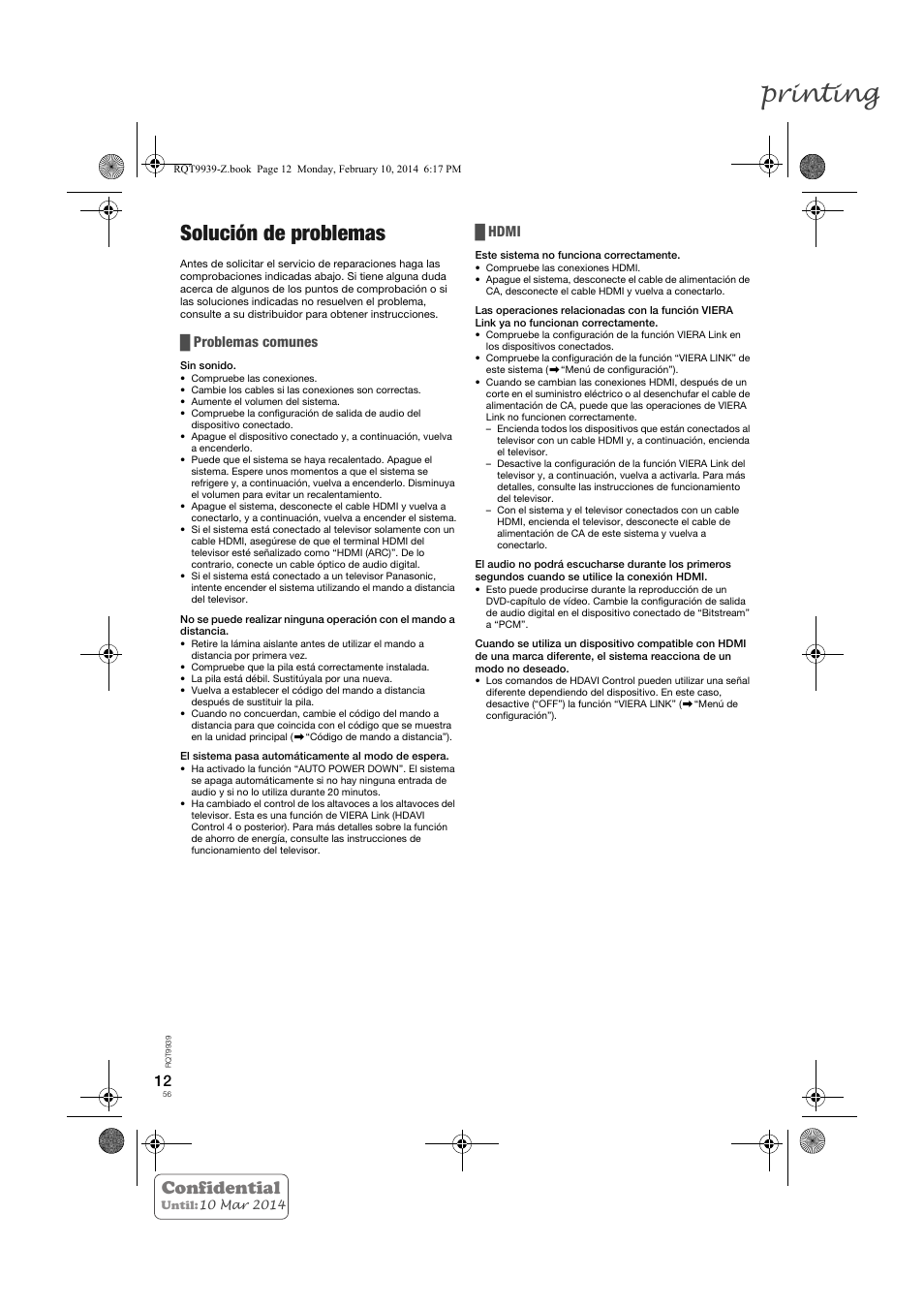 Printing, Solución de problemas, Confidential | Problemas comunes, Hdmi | Panasonic SCHTE180EG User Manual | Page 56 / 88