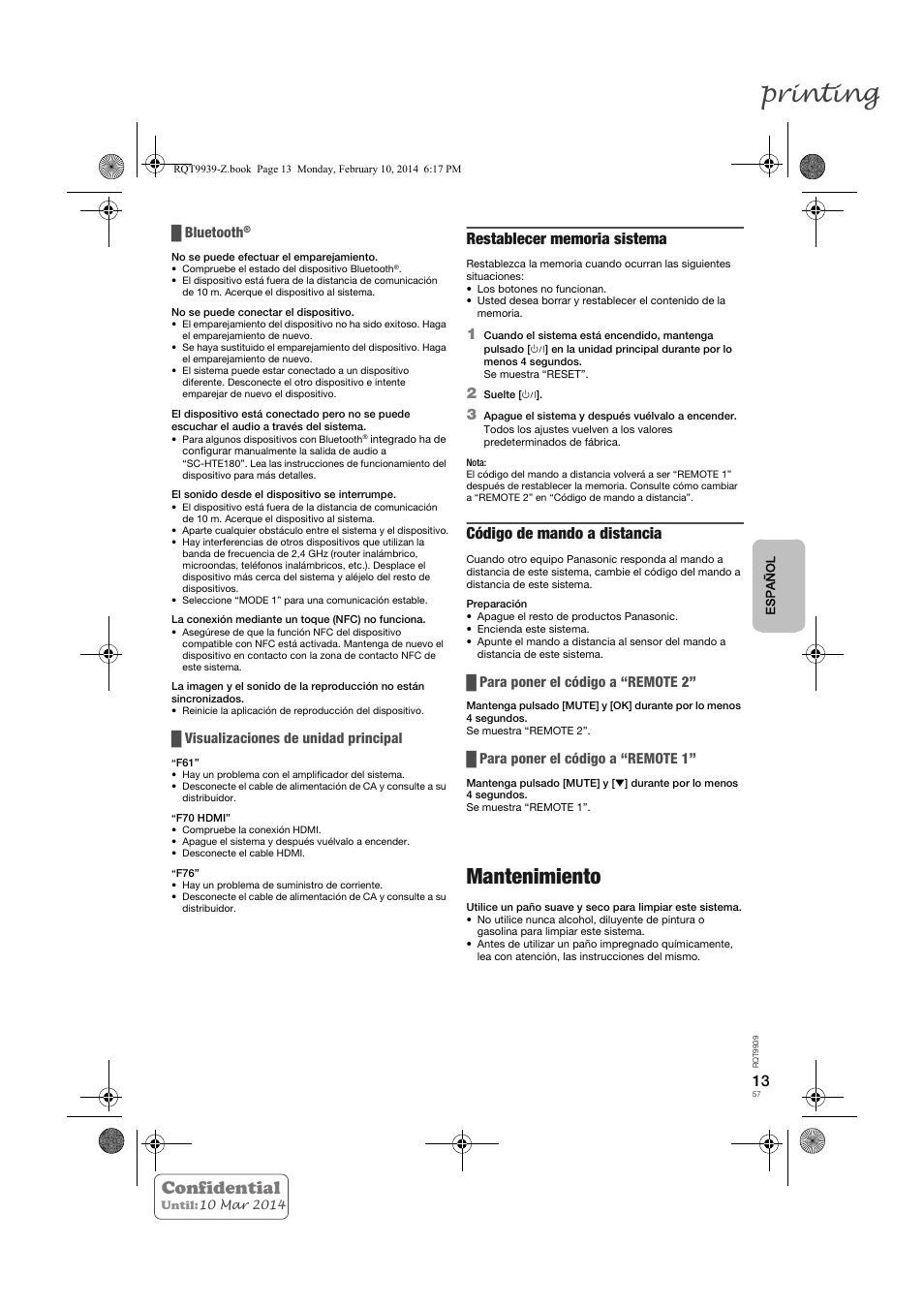Printing, Mantenimiento, Confidential | Código de mando a distancia, Bluetooth, Visualizaciones de unidad principal, Para poner el código a “remote 2, Para poner el código a “remote 1 | Panasonic SCHTE180EG User Manual | Page 57 / 88
