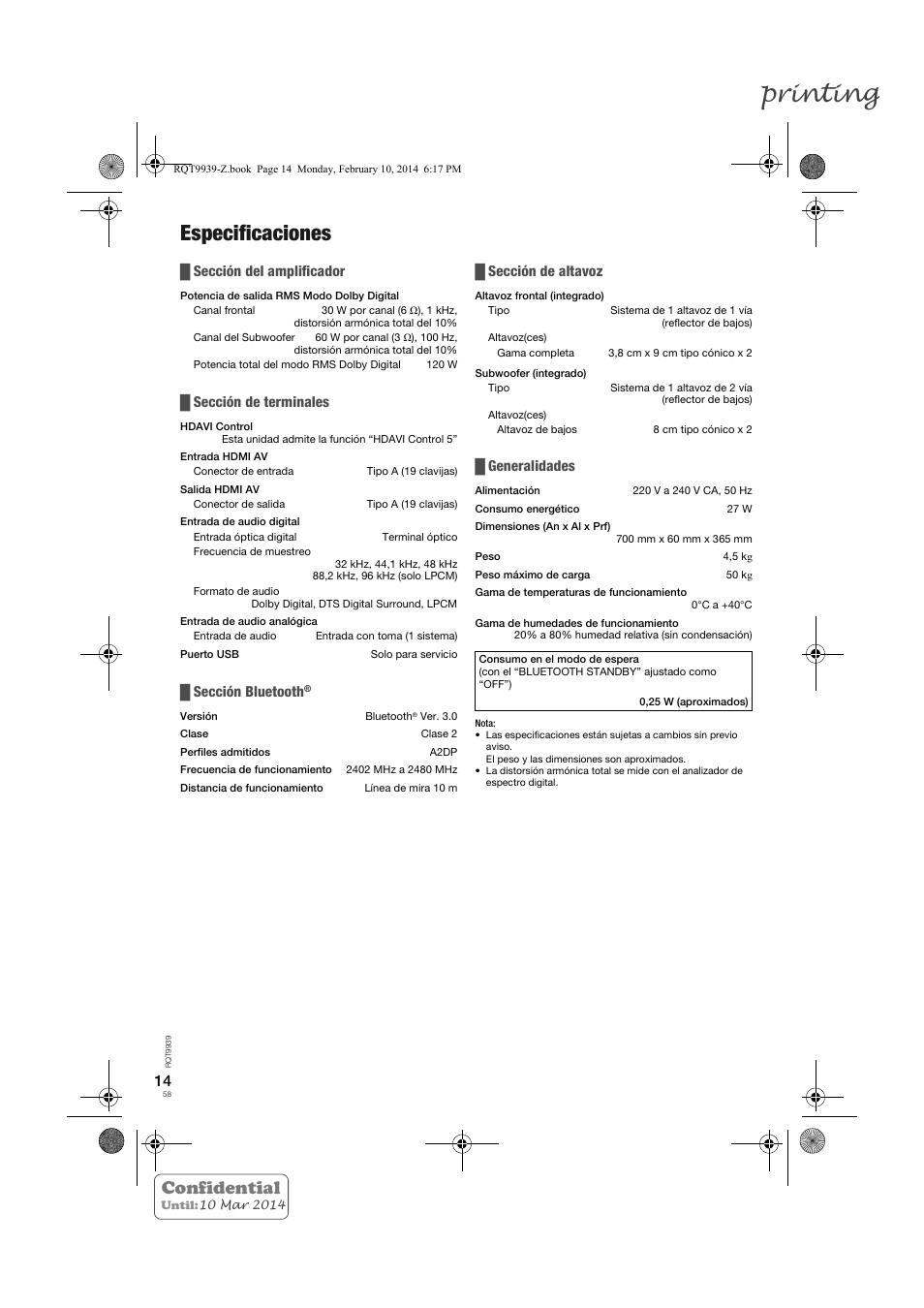 Printing, Especificaciones, Confidential | Sección del amplificador, Sección de terminales, Sección bluetooth, Sección de altavoz, Generalidades | Panasonic SCHTE180EG User Manual | Page 58 / 88